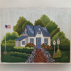 Handpainted Needlepoint Canvas House and Flag in Garden, 18 mesh, 13 x 11 inches